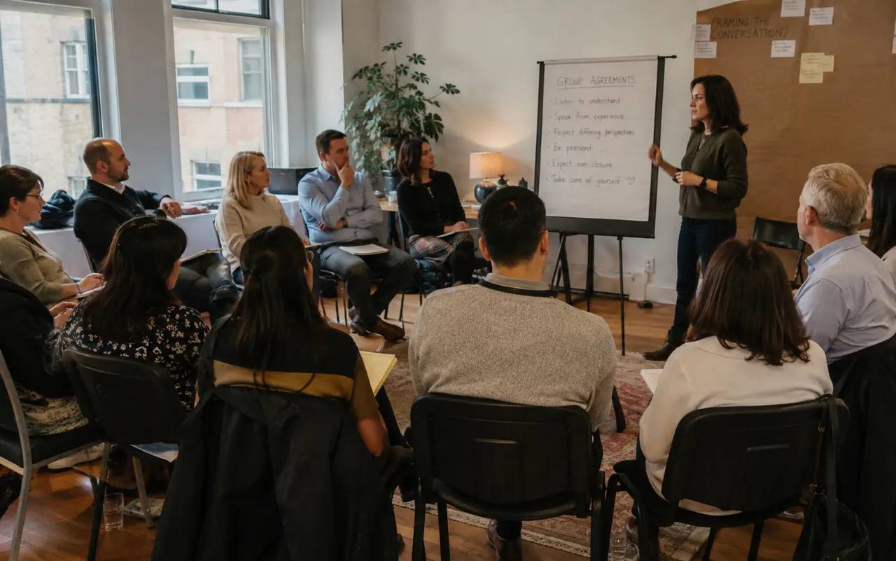 Participants working together at a shared table in a professional-learning session.